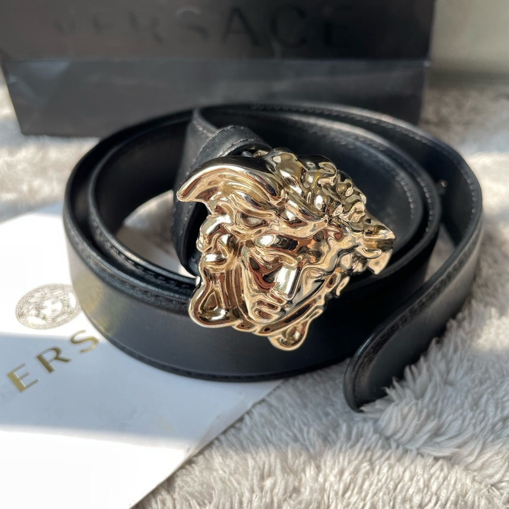 Versace Black and Gold Leather Belt with Ornate Buckle